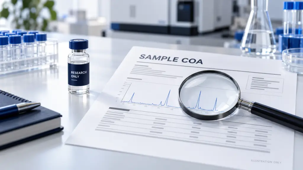 Illustration of a sample Certificate of Analysis, magnifying glass and research vial in a laboratory