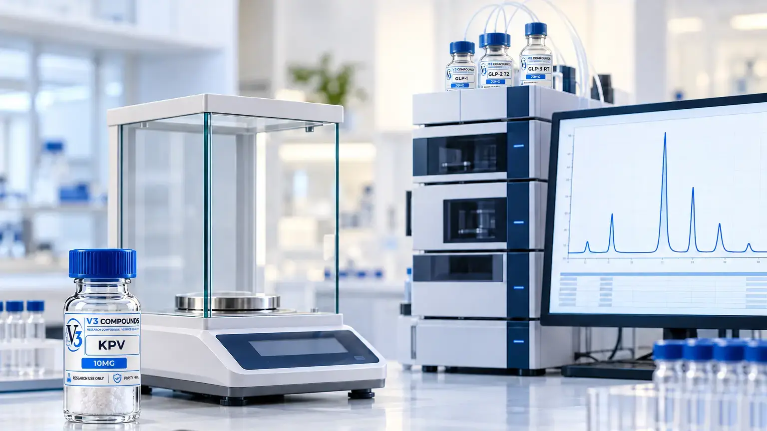 HPLC purity vs compound quantity with V3 Compounds research vials, an analytical balance and chromatogram